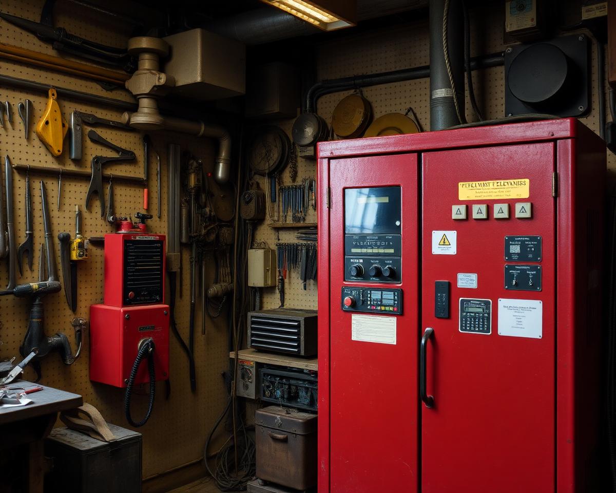 Elevator workshop with tools and a red industrial controller